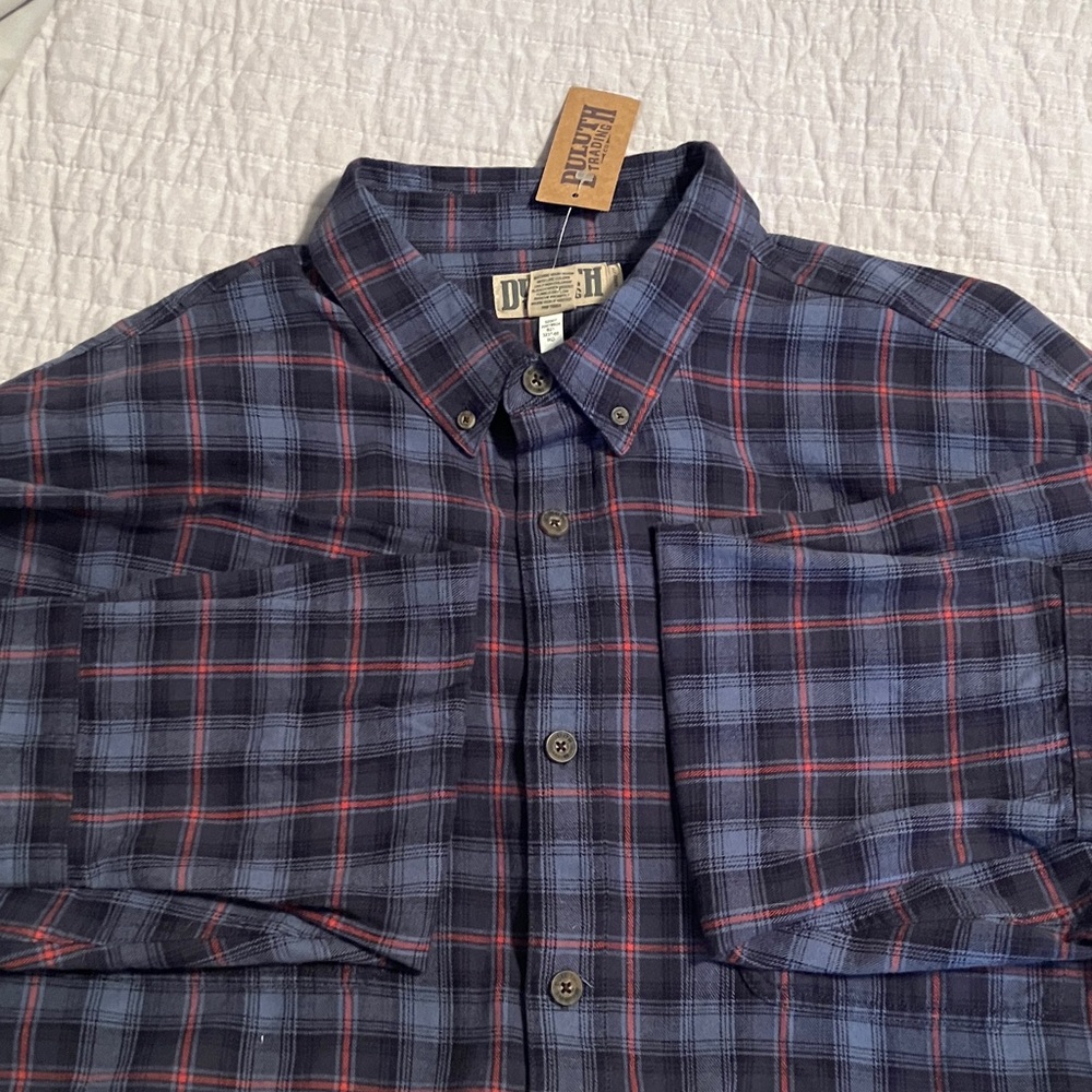Duluth Trading Co Men's Blue and Red Plaid Shirt
